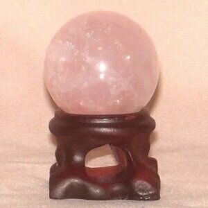 Polished Rose Quartz Crystal Sphere with Natural Wooden Stand Heart Chakra Stone